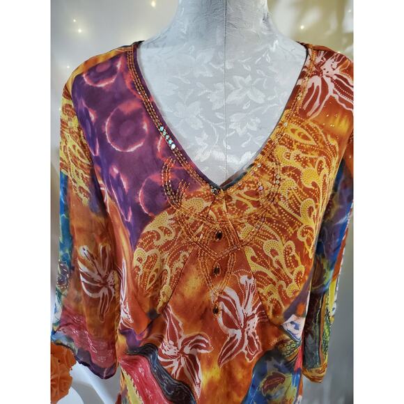 Vtg Avenue 100% Silk Embellished Sequin Tunic Blouse Plus Size 22/24 Boho Artsy - Picture 5 of 12
